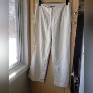 Women's Linen Blend Cream High Waisted Pinstripe Wide Leg Trousers Size 12